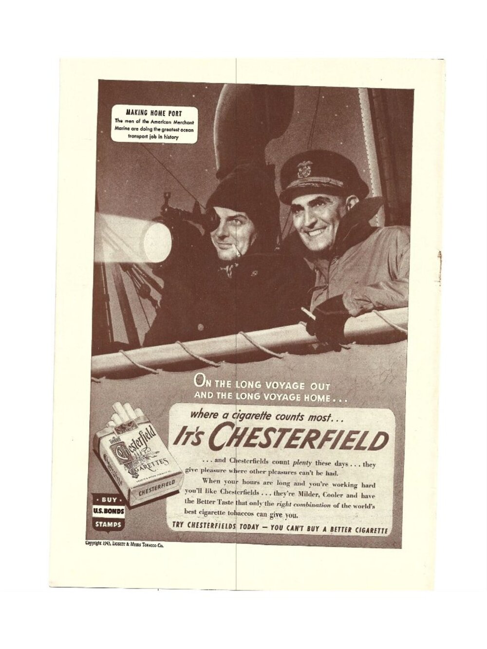 Print Ad Chesterfield Cigarettes 1943 American Merchant Marine WWII Era